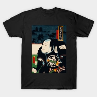 Kabuki Actor As Samurai In Black Armour With Katana Swords #10 T-Shirt